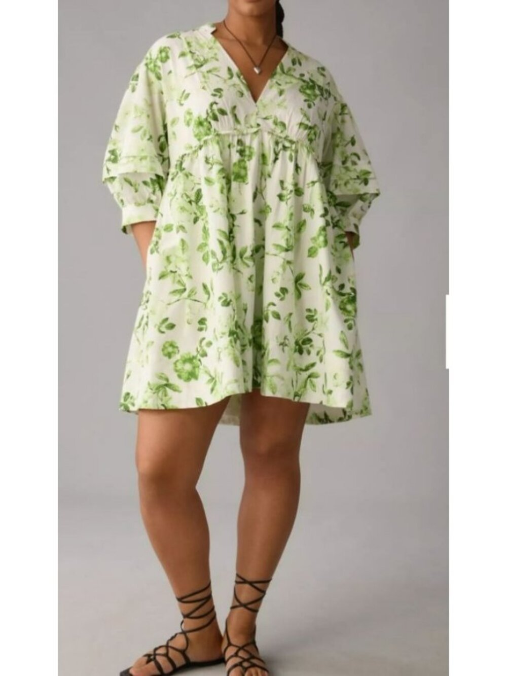 Maeve Anthropologie Green Floral Mini Dress Large 100% Cotton Boho Style